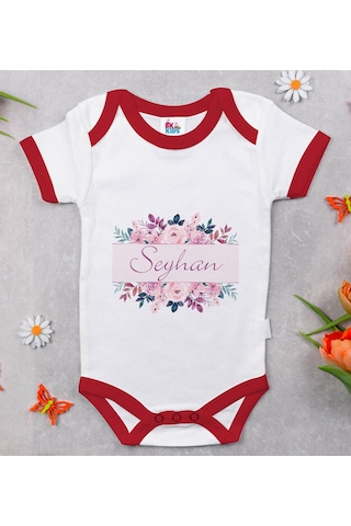 Bk Gift Bk Kids Kişiye Özel Çiçek Tasarımlı Kırmızı Bebek Body Zıbın-22 Çok Renkli