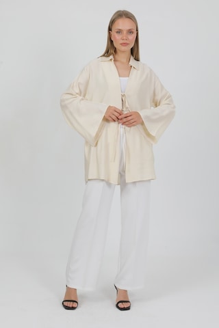 Doğal Viskon Kumaş Cepli Bağcıklı Kadın Kimono 1167 Hafif, Dökümlü, Akışkan, Yazlık Model Krem