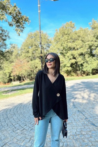 WeShaya Kadın Siyah Asimetrik Kesim, Düğmeli, Salaş Hırka Bluz Siyah