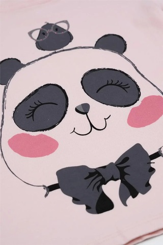 Kız Çocuk Pembe Panda Ve Kuş Detaylı Yazlık Tişört Pembe