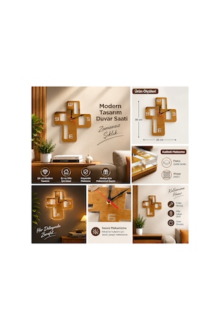Pleksi Ahşap Birleşimi Gold, Altın Rengi Sessiz Mekanizma 26x30 Cm Modern Duvar Saati Odanıza Modern Hava Katar