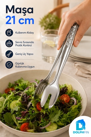 21 Cm Çelik Salata Servis Maşası Kaşık Ve Çatal Uçlu Sunum Maşası Gümüş