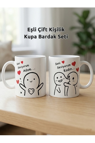Eşli Çift Kişilik İki Adet Kupa Bardak Seti Seni Seviyorum Adam Yazılı 2'li Çift Yön Baskılı Sevgiliye Hediye Beyaz