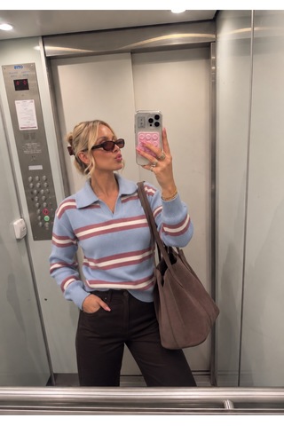 Nilza İstanbul Kadın Bebe Mavi Polo Yaka Oversize Çizgili Triko Kazak Mavi