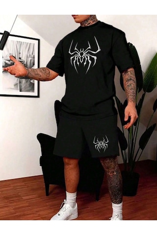 Altamira Erkek Siyah Örümcek Baskılı Şort T-shirt Takım 001