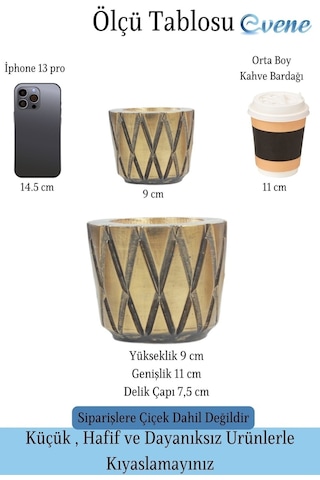 Saksı Çiçek Kaktüs Saksısı Lüx 11 Cm Altın Eskitme Varak Boyalı Baklava Desen Saksı Çiçeklik - Altın Eskitme