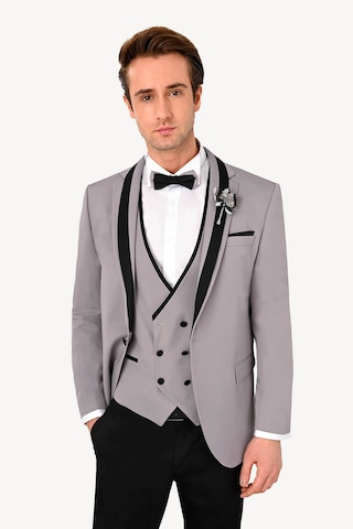 Ysf Erkek Gri Slim Fit Yelekli Şal Yaka Damatlık