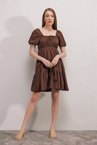 Bigdart 2351 Kloş Poplin Elbise - Kahverengi 001