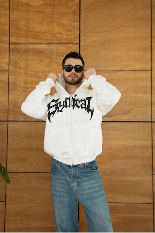 Mbb E-ticaret Erkek Kapüşonlu 3 İplik Şardonlu Önü Baskılı Fermuarlı Oversize Sweatshirt - Beyaz