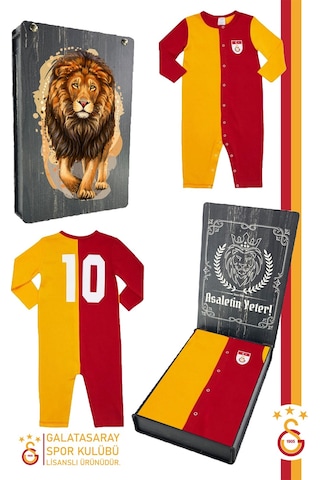 Galatasaray Lisanslı Uzun Kol Sarı Kırmızı Bebek Tulum Aslan Baskılı Ahşap Kutulu Sarı - Kırmızı