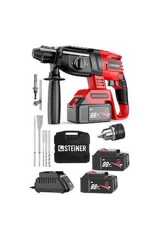 Steiner 88V 5Ah Çift Akülü Darbeli Kırıcı Delici Matkap Kırmızı + Mandren + 5 Parça Uç