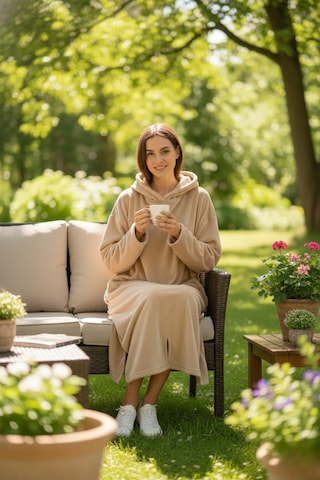 Serona Wellsoft Peluş Kapüşonlu Uzun Panço Yumuşak Dokulu Giyilebilir Tv Battaniyesi Bej L/xl Bej