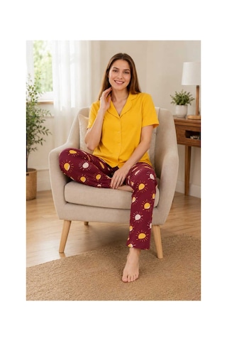 Tenra Kadın Pamuklu Boydan Düğmeli Kısa Kollu Pijama Takımı Sarı