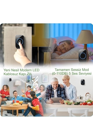 Triline Ledli Modern Kablosuz Kapı Zili 300metre Menzil 60 Çeşit