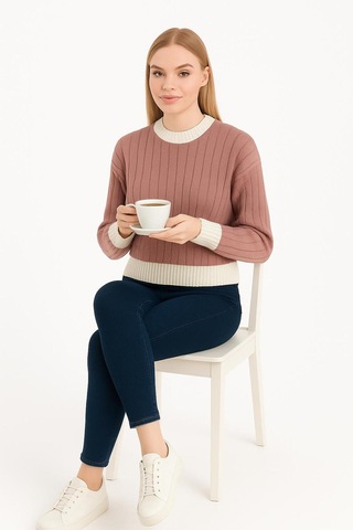Hira Life Fashion Kadın Bisiklet Yaka Fitili Ve Şerit Detaylı Crop Triko Kısa Kazak Gül Gül