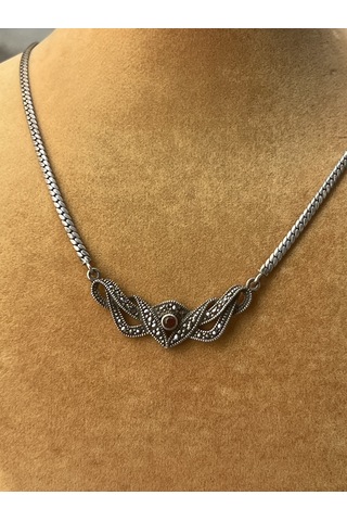 Firuze Gümüş Oyma Desenli Minyatür Markazit Taşlı Gümüş Kolye F16