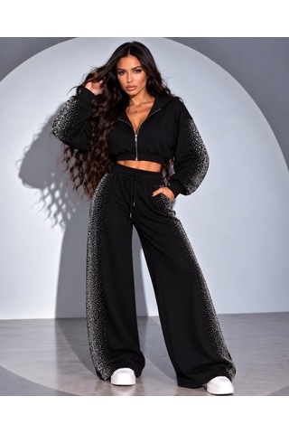 Hazego Kadın Taş Baskı Detaylı Fermuarlı Crop Sweatshirt Ve Geniş Paça Eşofman Takımı Siyah