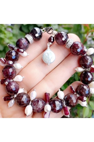 Sibelce 2687 Garnet Doğal İnci Zirkon El Yapımı Bileklik Bordo