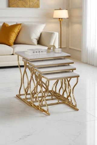 Arden Elite 4'lü Kare Zigon Sehpa Seti Gold Ayak, Krem Mdf Beyaz