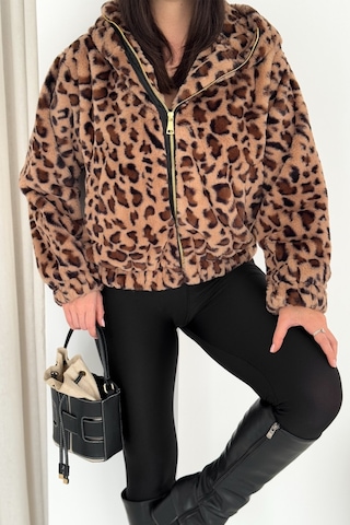 Femelle Leopar Fermuarlı Kapüşonlu İçi Astarlı Peluş Kürk Mont Çok Renkli