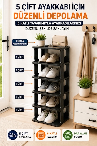 5 Katlı Modüler Ayakkabılık Dar Alan Düzenleyici Plastik Ayakkabı Rafı Kolay Kurulum Siyah Model