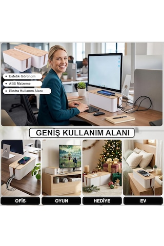 Greentech Kablo Düzenleme Kutusu Bambu+beyaz Renk-büyük Boy Gt-pk02