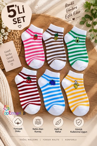 Footmania 5 Çift Kadın Nakışlı Meyve Desenli Çorap Seti Extra Soft Çok Renkli