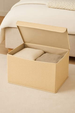 Serstil Orta Boy Kapaklı Kutu Hurç Kıyafet Battaniye Saklama Kutusu Organizer 50x40x30 Cm - Bej Martı