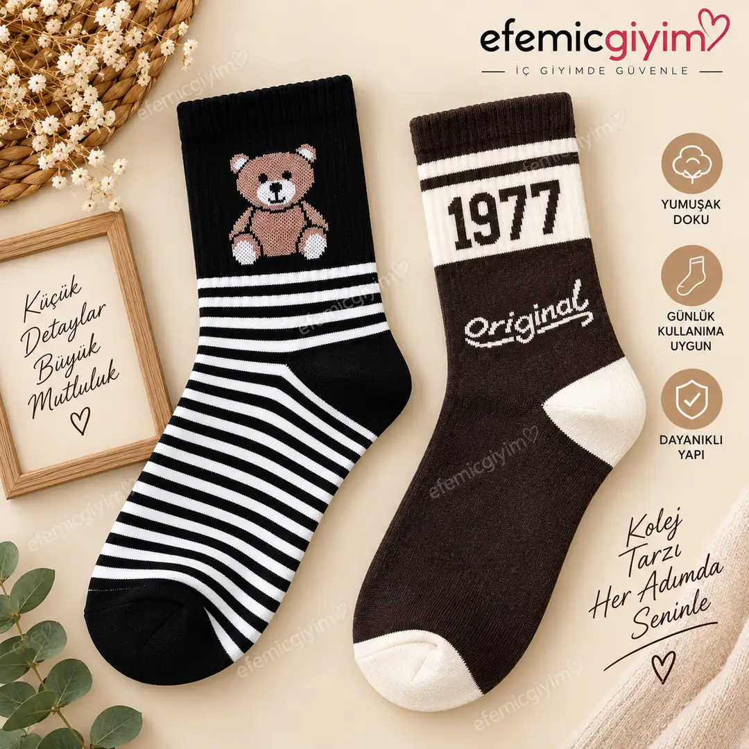 Efemıcgiyimstore Kolej Çorap 5 Çift Karışık Desenli Renkli Yarım Boy Günlük Çorap Çok Renkli