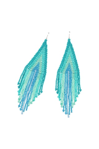 Uzun Boncuklu Püskül Küpeler - Çizgili Bohem Saçaklı Sarkan Küpe Mavi