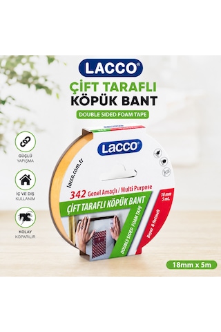 Lacco Çift Taraflı Köpük Bant 18 Mm X 5 M Güçlü Yapışkanlı Çok Amaçlı Montaj Bandı Beyaz 1 Adet