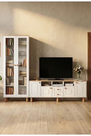 Life Tv Ünitesi Ve Kitaplık Seti %100 Mdf Beyaz - Meşe
