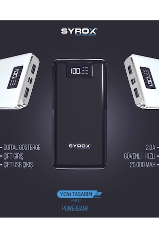 Syrox 20000Mah Powerbank Led Panelli 2 Usb Çıkışlı - Pb107