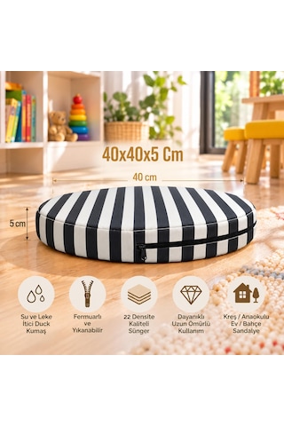 Kreş Anaokulu Yuvarlak Oyun Minderi Aktivite Minderi 40x40x5 Cm - Sandalye Minderi - Bahçe Dekor Minderi Yuvarlak Minder Siyah - Beyaz