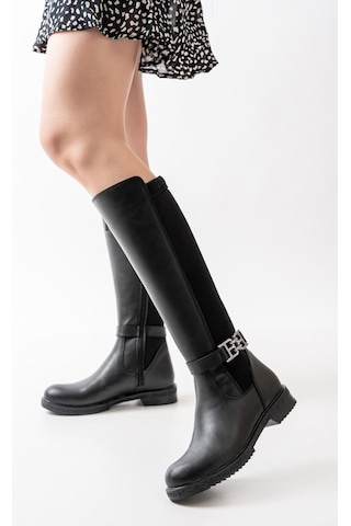 Asmi Shoes Kadın Lora Tokalı Dalgıç Kumaş Düz Taban Çizme Siyah Siyah