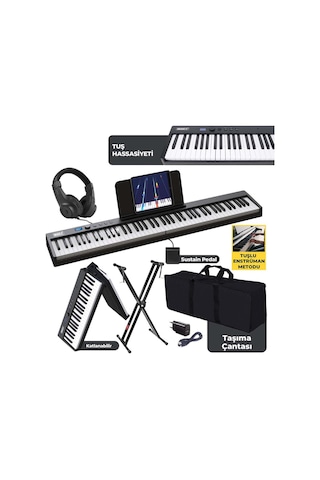 Midex PLX-100BK-ST Taşınabilir Dijital Piyano Tuş Hassasiyetli 88 Tuş Bluetooth Şarjlı (STAND Sustain Kulaklık Çanta Metod)
