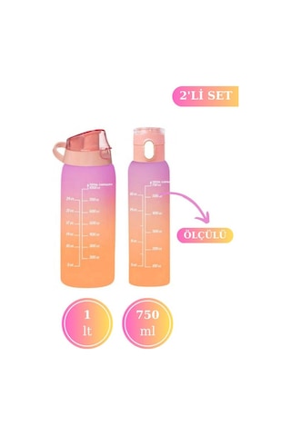 Flosoft Okul Ve Sporcu Matarası Suluk, Motivasyonel Su Şişesi 2 Li Set Turuncu 1000Ml+750 Ml