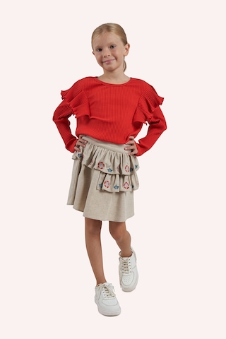 Panço Kız Çocuk Kolları Fırfır Detaylı T-shirt Bej-melanj Kırmızı