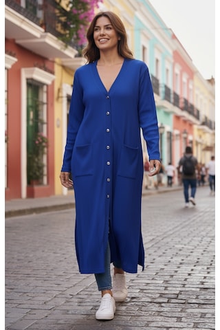 Kadın Önü Düğmeli V Yaka Cepli Mevsimlik Hırka Saks Mavi