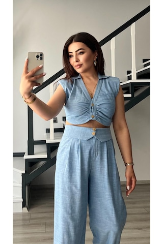 Bebe Mavi Omuz Vatka Detaylı Crop Bluz - Pantolon Takım Bebe Mavi
