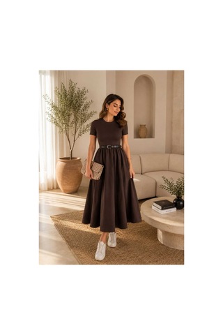 Unika Boutique Kadın Kemerli Poplin Midi Elbise Kahverengi
