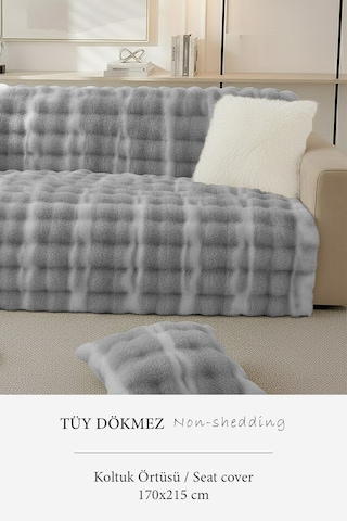Lüks Kürklü Koltuk Örtüsü 170x215 Cm Yumuşak Peluş Kaymaz Taban Kanepe Örtüsü Gri Krem Gri - Krem