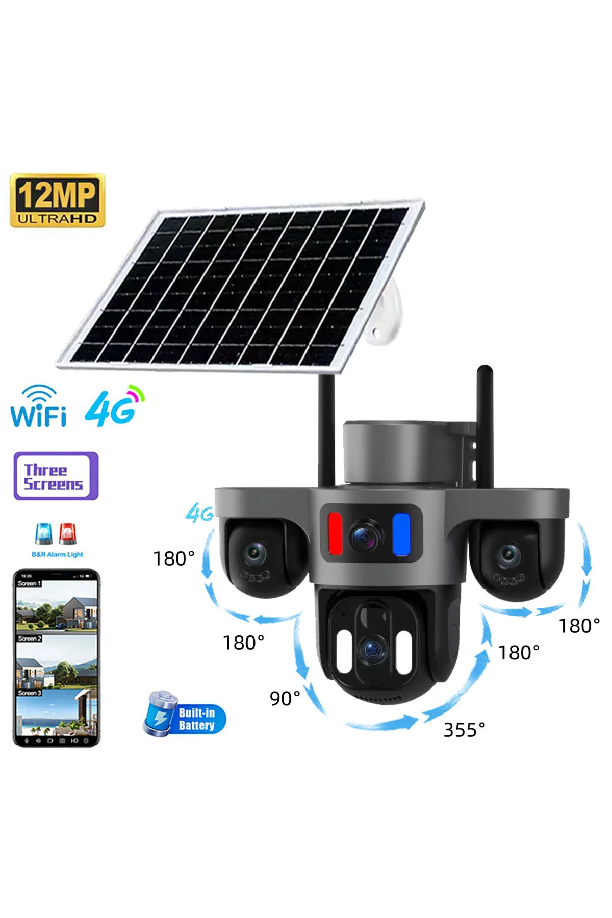 Shufa 4g/4k Lens 3 Kamera Solar Akıllı Güvenlik Kamerası-kablosuz, Elektriksiz & İnternetsiz