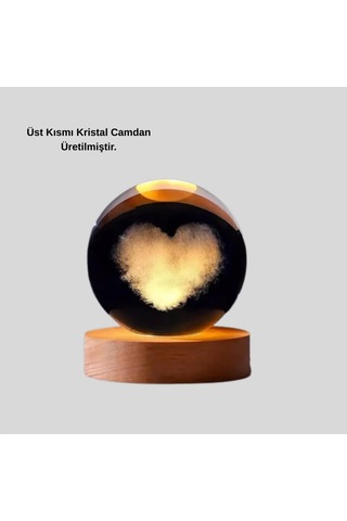 Kalp Figürlü Kristal Cam Küre Usb Işıklı Ahşap Tabanlı Dekoratif Obje