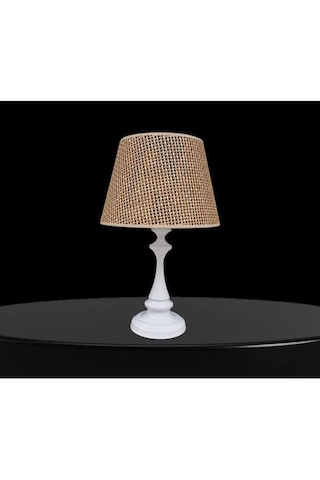 Faro Metal Abajur Beyaz Statik Boyalı Kahverengi Rattan Şapkalı Beyaz