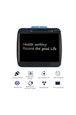 Xindoker 9 İnç Usb Şarjlı Çocuk Lcd Tahtası - Göz Koruyucu, Tek Tuş Silme, Kilit Fonksiyonu, Su Geçirmez, Çarpıtkor + 4 Adet Nakış Kağıdı Mavi