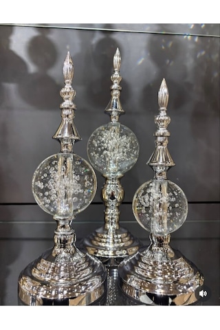 Elta Collection Lüks Gümüş Kristal Küre Alem 3 Lü Dekoratif Obje Seti 100 X 110