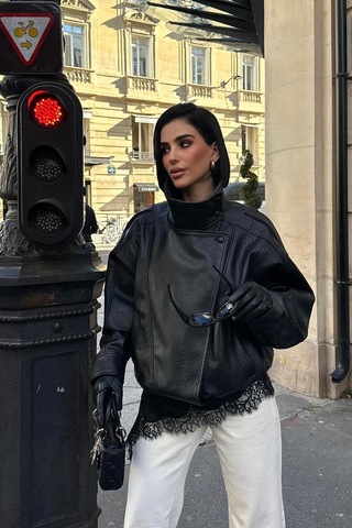 Candybia Kadın Zr Model Dik Yaka Fermuarlı Deri Ceket Siyah Siyah