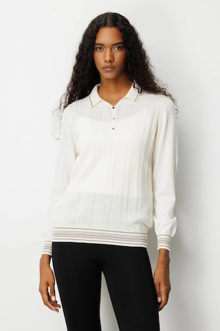 Desen Triko Polo Yaka Simli Çizgili Kadın Yün Bluz 25080d Ekru