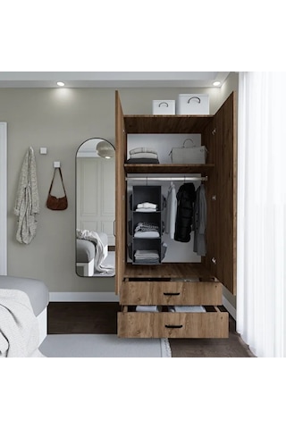 80 Cm Atlantik Çam 2 Kapaklı 2 Çekmeceli Elbise Dolabı - Gardırop Çam
